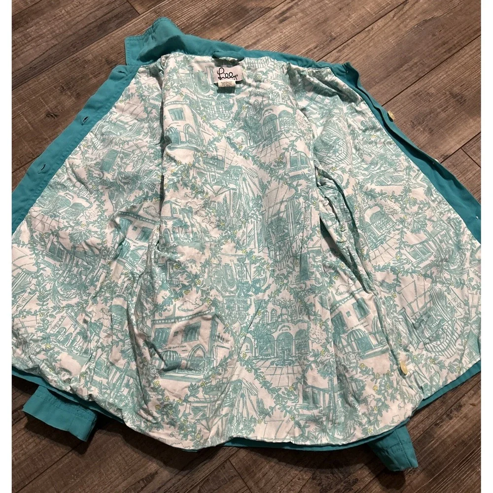 Lilly Pulitzer Girls Rain Wind Jacket Turquoise Green Size 8 Has Writing On neck